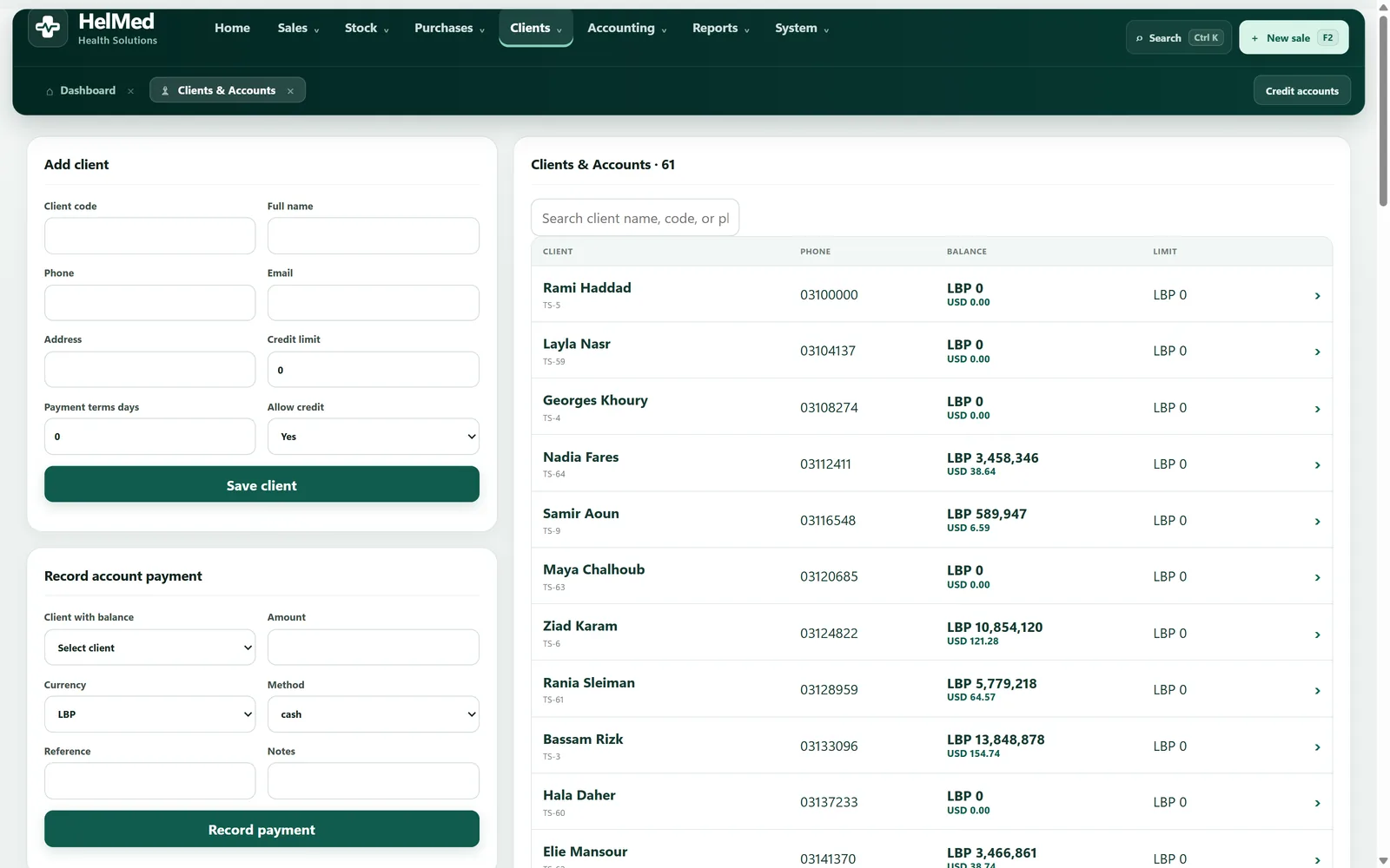 Clients and accounts listing 61 client records with phone number, outstanding balance in lira and dollars, and credit limit, beside forms for adding a client and recording an account payment.