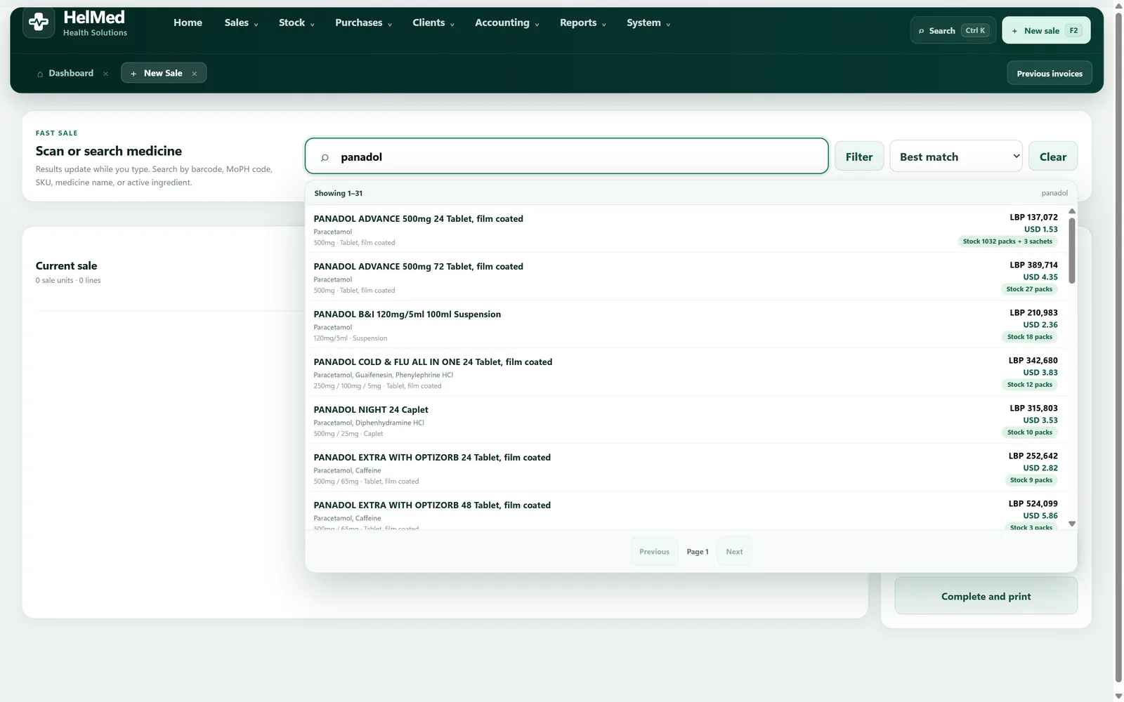 Point of sale with the word panadol typed into the search box, listing 31 matching medicines with their price in lira and dollars, active ingredient, and the number of packs in stock.